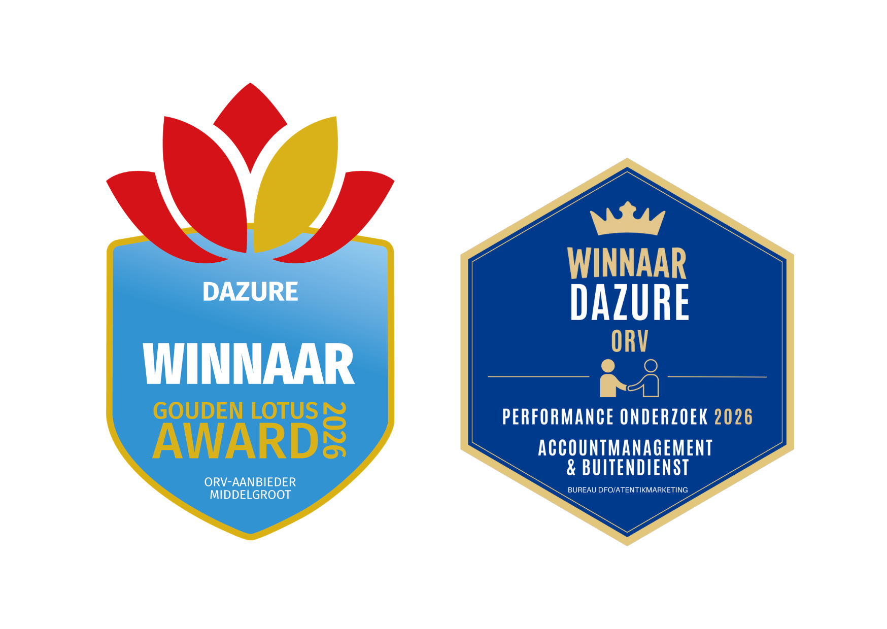 2 logo's van gewonnen prijzen. Gouden Lotus award 2026 en performance onderzoek 2026